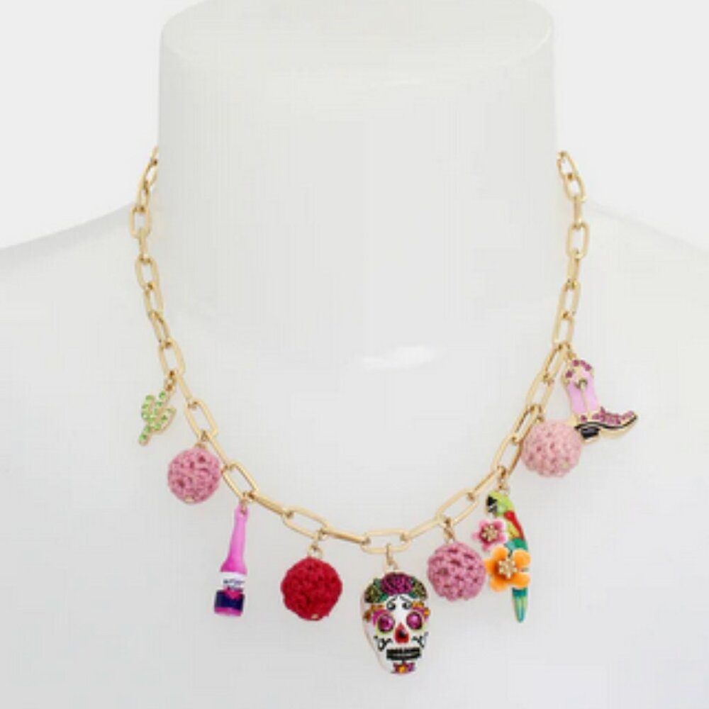 Betsey Johnson HOLA TO LOVE COWGIRL CHARM NECKLACE PINK NWT